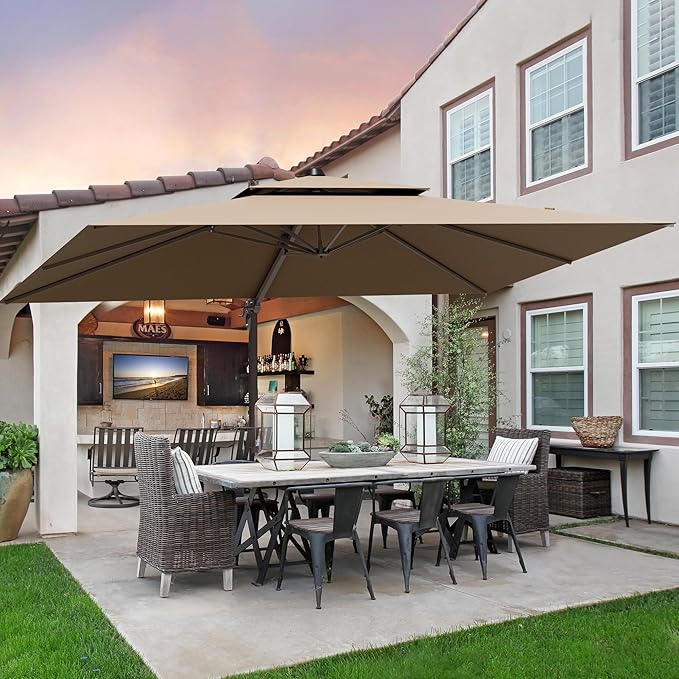 9x12FT Brown Cantilever Outdoor Patio Umbrella with Base, Large Rectangular Offset Design, Double Top Heavy Duty Aluminum Frame & 360° Rotation for Pool Garden Deck Backyard, Beige