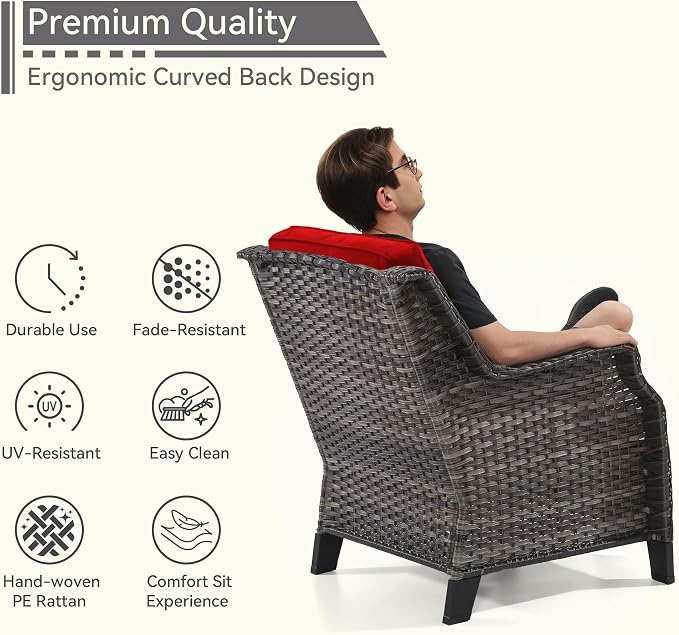 3 Piece Patio Furniture Set, 2-Seater Loveseat and 2 Chairs, Rattan Conversation Set with Deep Seating and Olefin Cushions, for Outdoors, Backyard, Porch, Deck, Garden, Red