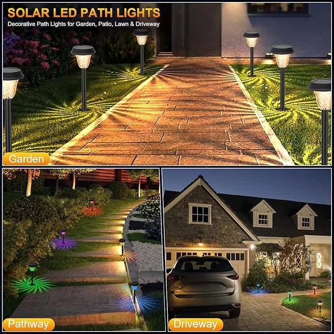 Solar Lights Outdoor Pathway, 4 Pack Waterproof Garden Pathway Lights Solar Powered, Small Outdoor Solar Stake Lights for Yard Driveway Walkway Lawn Decorative, Multicolor/Warm White LED, Auto On/Off