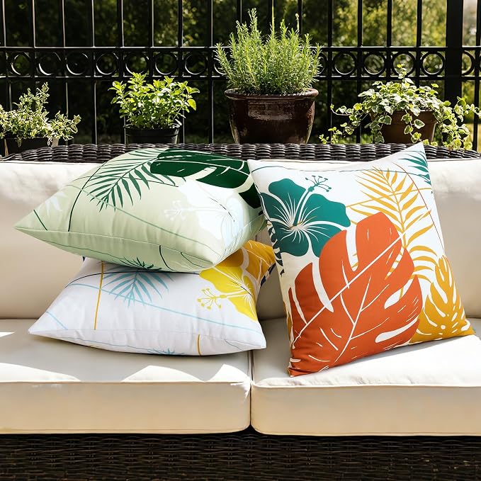 OTOSTAR Outdoor Waterproof Throw Pillow Covers 18x18 Inch Set of 2 Double-Sided Yellow Blue Tropical Leaf and Flower Spring Summer Decorative Pillow Cases for Patio Funiture Garden Tent Balcony Couch