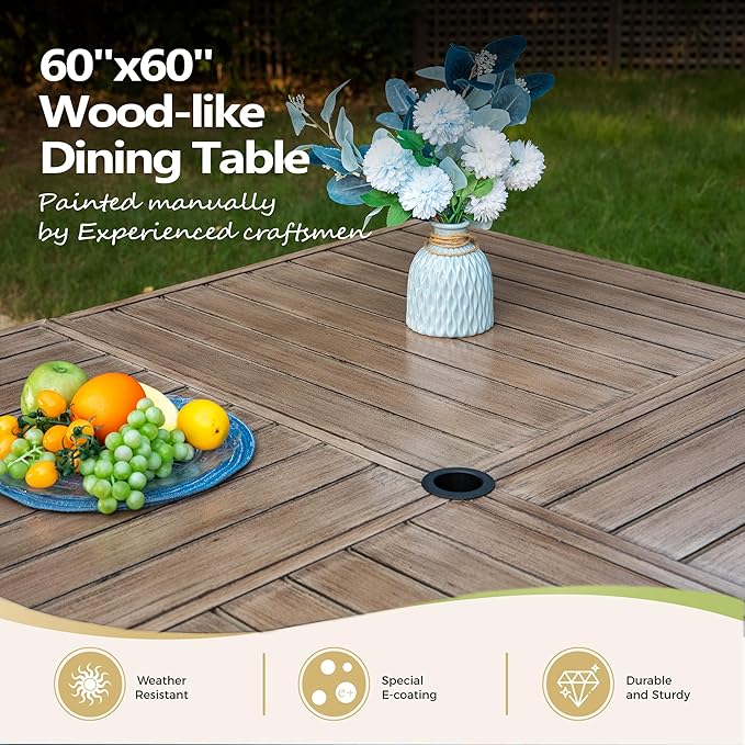 MIXPATIO 9 Pieces Outdoor Patio Dining Set, Wicker Patio Table and Chairs Set of 8, Swivel Wicker Chairs with 3.2" Cushion and Wood-Like Square Table with Umbrella Hole for Yard, Porch, Beige