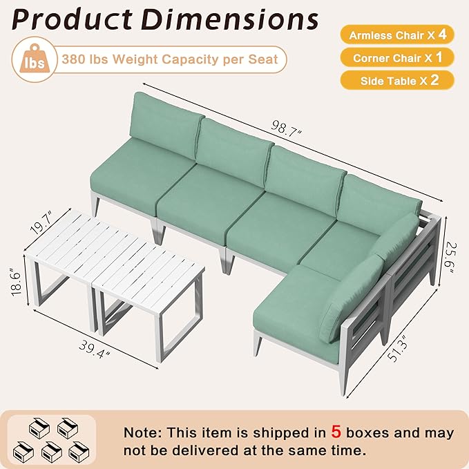 MBY Outdoor Aluminum Patio Furniture Set, 5-Seats Patio Conversation Sofa Set with 1 Corner Sofa and 2 Coffee Tables, All Weather for Pool, Balcony, Garden-White