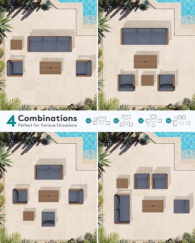 SERWALL HDPE Patio Furniture Set, 7-piece Outdoor Sectional Sofa Set, All Weather Outdoor Couch Set for Deck, Lawn, Brown Frame with Grey Cushion