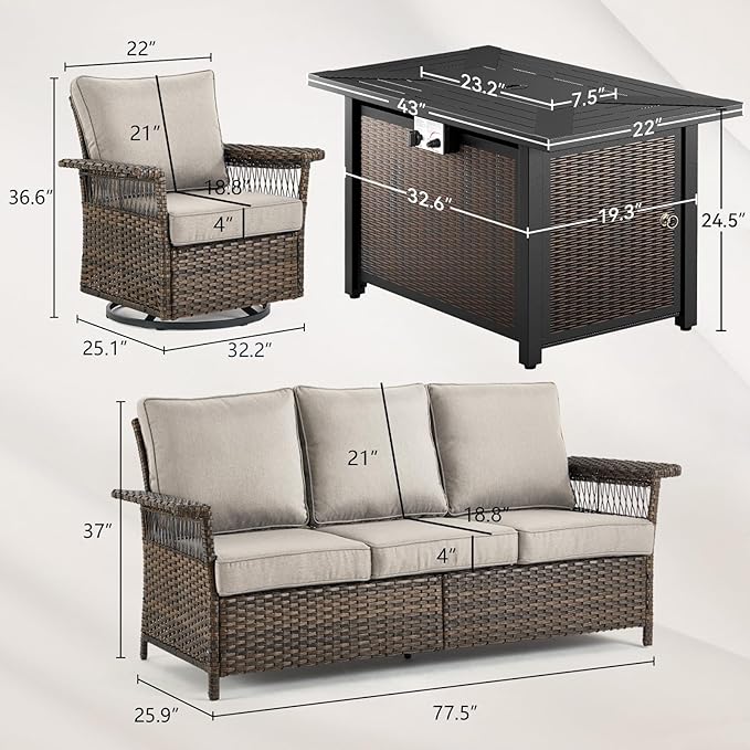 Patio Furniture Set with Fire Pit Table, 4PCS Patio Conversation Set Brown Resin Wicker Swivel Patio Chair and Sofa with 43in Rectangular Iron Fire Table PE Rattan Furniture Set