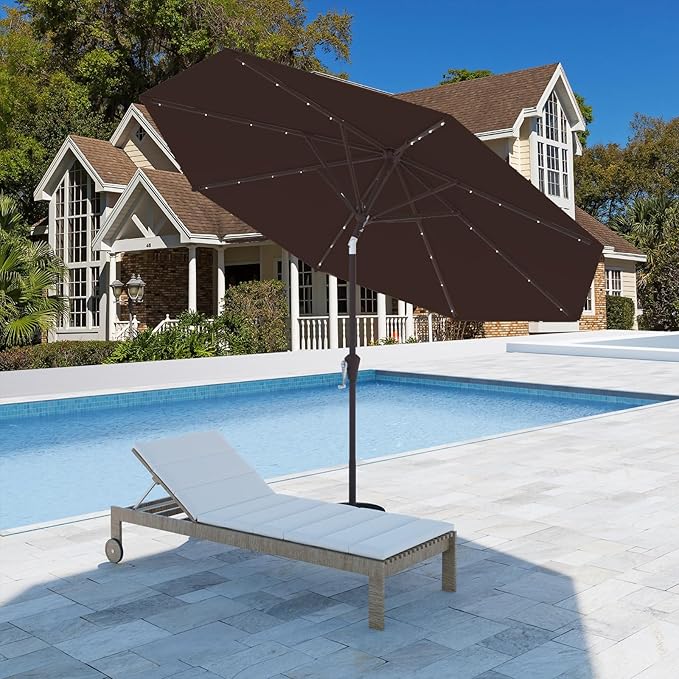 9FT Patio Umbrella with Solar Lights,Outdoor Market Umbrella with Tilt and Crank, LED Lighted Table Umbrella for Garden,Deck,Backyard,Pool,Beach (Brown)