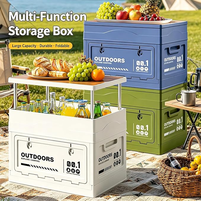 2-in-1 Foldable Outdoor Storage Box with Tabletop Lid, Large Capacity Collapsible Camping Crate, Multi-Use Organizer for Picnic, Home, and Car Trunk