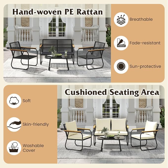 Tangkula 8 Pieces Wicker Patio Furniture Set, Outdoor Conversation Set with Tempered Glass Coffee Table, Rattan Cushioned Chairs with Acacia Wood Armrests for Garden, Yard and Poolside (Off White,4)