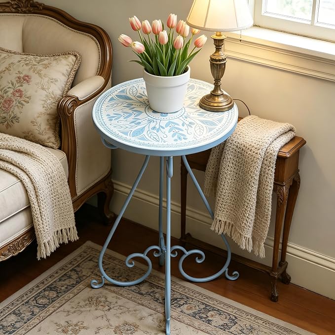Outdoor Side Table & Mosaic Ceramic Plant Stand, 14" Metal Round End Table for Garden Home Patio Yard Porch Patio Decor Weather Resistant Outside Accent End Furniture (Flower#1)