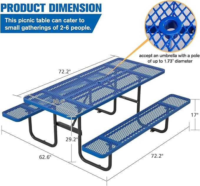 Picnic Tables for Outdoors with Umbrella Hole-Coated Steel Heavy Duty Commercial Grade Table with Seats,Commercial Metal Picnic Tables,Heavy Rectangular Furniture Set for a Lifetime (Blue)