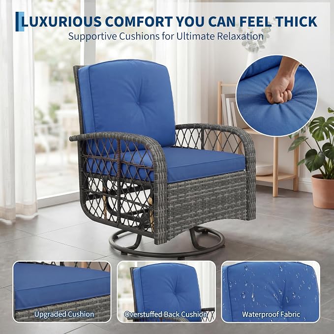 GarveeHome Outdoor Swivel Rocker Chairs, 3-Piece Patio Set with Thick Cushions & High Back Support, Includes 2 Wicker Chairs & 1 Side Table for Deck, Porch, Backyard (Gray Wicker & Blue Cushions)