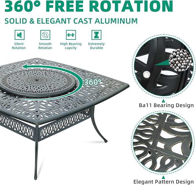 VIVIJASON Outdoor 64" Patio Dining Table for 8 Person, Large Patio Square Dining Table with 35.4" Lazy Susan, Dark Bronze Cast Aluminum Rustic Patio Table W/Umbrella Hole for Balcony, Porch and Deck