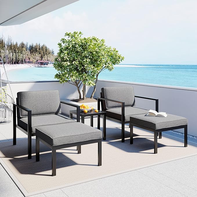5-Piece Patio Conversation Set Sofa Set, All-Weather Aluminum Alloy Bistro Set with Coffee Table and Multi-Functional Stool, Outdoor Furniture Porch Chairs with Water-Resistant Cushion