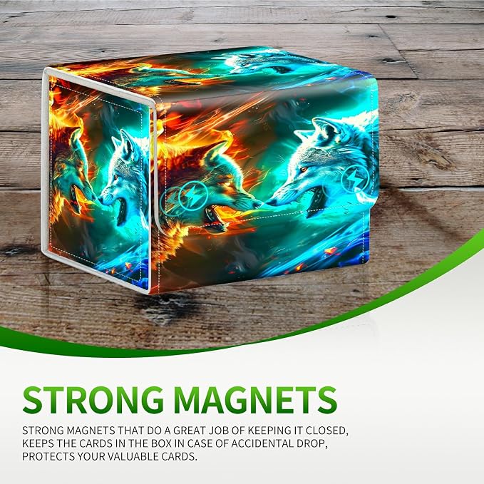 Card Deck Box for MTG, Cards Storage Box Fits 120+ Sleeved, Leather Small Size Strong Magnetic Closing Card Case for Board Games Magic TCG CCG Baseball Collection, Two Flaming Wolves