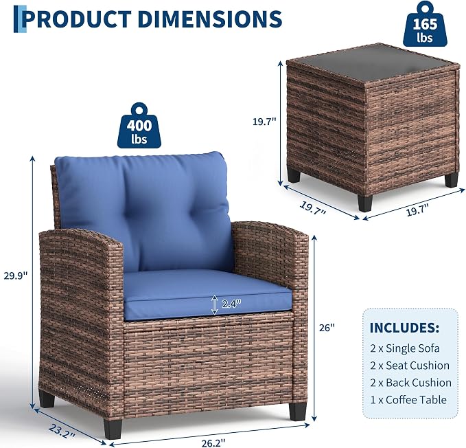 GarveeLife 3 Pieces Patio Furniture Set, PE Rattan Patio Conversation Set with Tempered Glass Tabletop, Outdoor Wicker Chairs and Table Set for Patio Balcony Garden, Brown & Blue