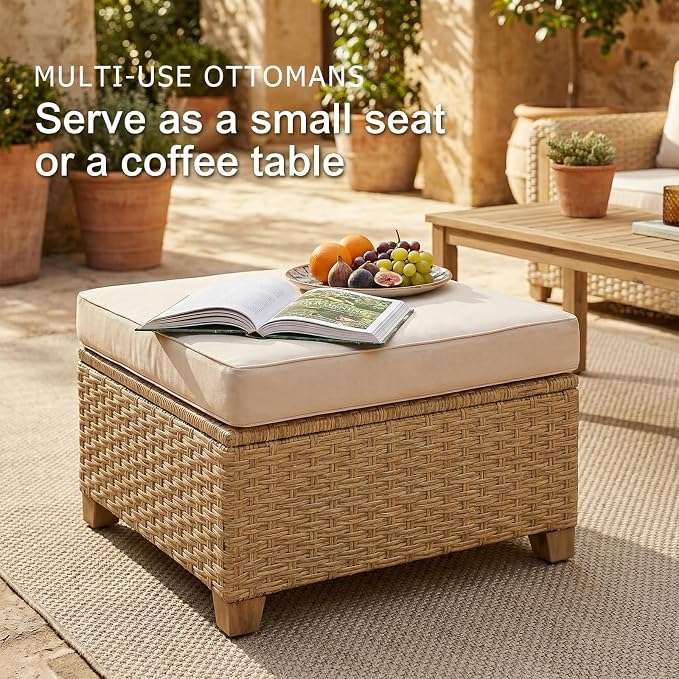 SUNSITT 7-Piece Patio Furniture Set, Outdoor Wicker Modular Sectional with Acacia Wood Accents, 5.9" Wide Armrests, Ottomans & Coffee Table for Backyard Porch