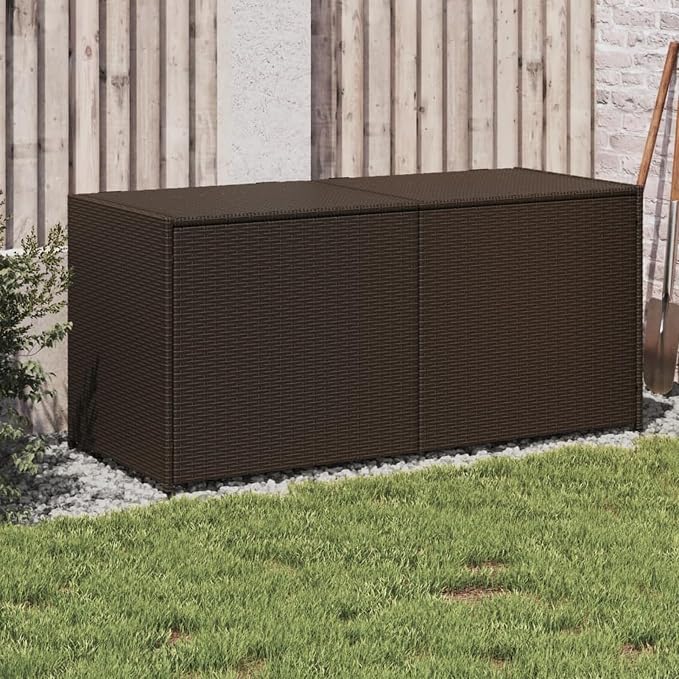 Gecheer Garden Storage Box 283L – Brown Poly Rattan Outdoor Deck Box with Water-Resistant Bag, Gas Spring Lid, Steel Frame, 120 x 50 x 56 cm