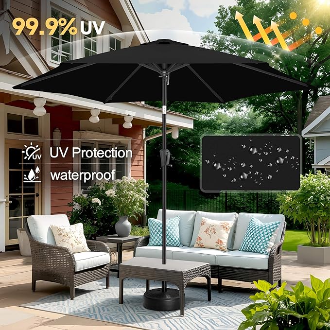 FLAME&SHADE 10ft Patio Umbrella - Outdoor Umbrella with 6 Sturdy Ribs, Push Button Tilt and Crank, UV Protection Table Market Umbrella for Pool, Porch，Garden, Deck, Backyard(Black)