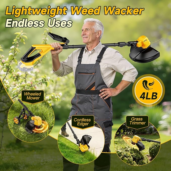 20000RPM Brushless Cordless String Trimmer for Dewalt 20v Battery(Battery Not Included), 3-in-1 Weed Wacker Edger Grass Trimmer with Wheel, Lightweight Weed Eater Battery Powered w/8 Line Spools
