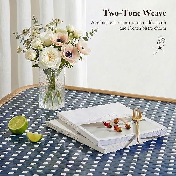 PURPLE LEAF 5-Piece French Bistro Dining Set Square Outdoor Patio Table and 4 Armless Chairs Tempered Glass Top PE Rattan Champagne Print Finish Aluminum Frame Navy Blue