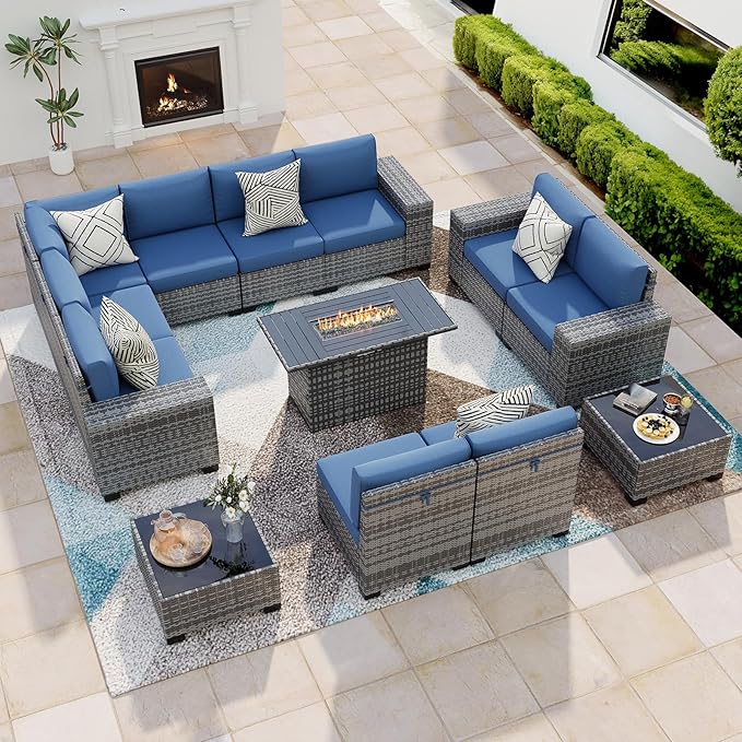 13 Piece Patio Furniture Set with Fire Pit Table, Outdoor Conversation Sets Grey Wicker Rattan Sectional Sofa, 4'' Thickened Cushion Navy Blue