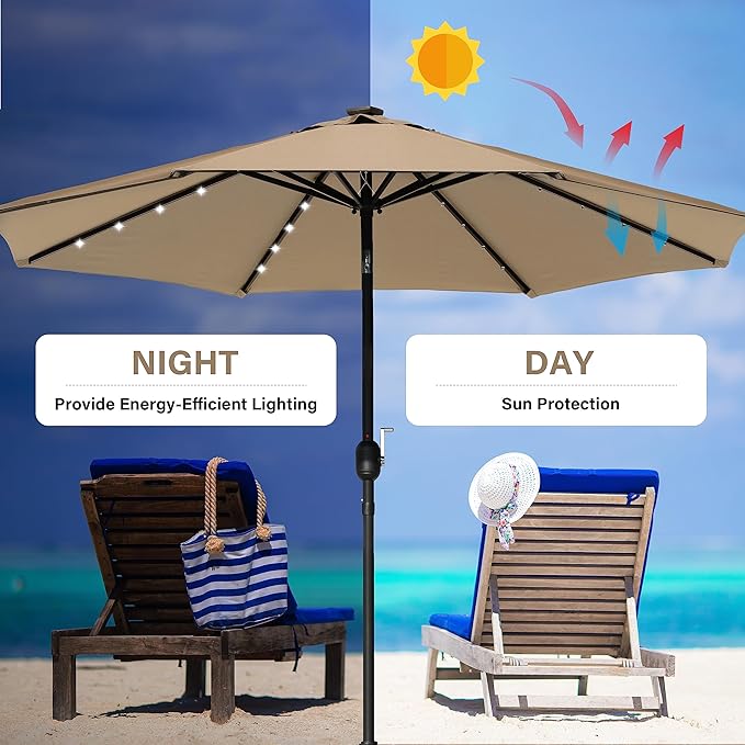 YSSOA 9' Solar Umbrella 32 LED Lighted Patio Umbrella Table Market Umbrellas with Push Button Tilt/Crank Outdoor for Garden, Deck, Backyard and Pool, Tan