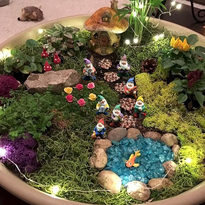 Fairy Garden Accessories 7Pcs Mini Gnome Resin Figurines Set Colorful Decor | Hand-painted resin,7difference poses funny mini gnomes statue- for fairy garden, succulents, dollhouse, home decor