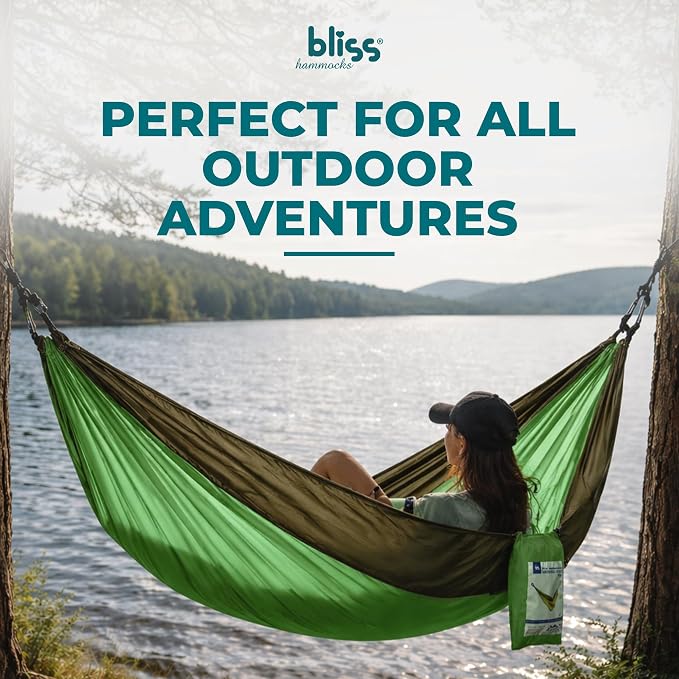 Bliss Hammocks Hammock in a Bag with Tree Straps and Carabiner Hooks, Nylon Hammock for Camping and Outdoor Use, 350 Lb Capacity, Forest Green