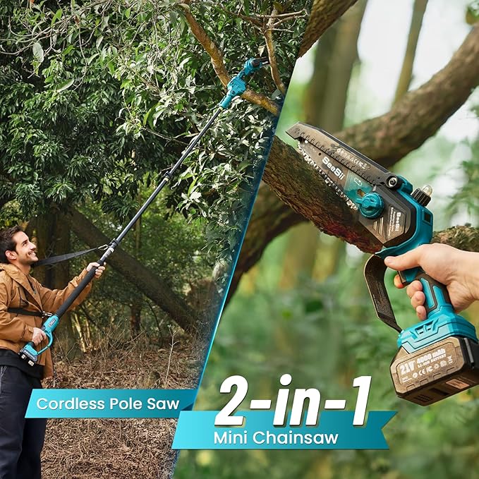 SEESII 2-in-1 Electric Pole Saws: Electric Mini Chainsaw 6 Inch Cordless, 2 x 4000mAh Batteries Tree Pruner, Brushless Chain Saw with Extension Pole for Limb Branch Cutter,16Ft Reach