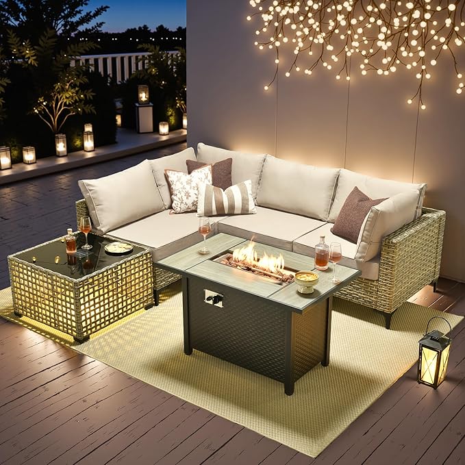 Outdoor Patio Furniture Sets,6 PCS Patio Conversation Set Outside Rattan Sectional Sofa with 42 in Fire Pit Table&Coffee Table Fit Backyard Porch Garden Poolside Balcony