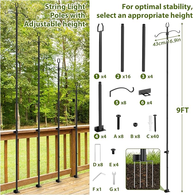 4 Pack String Light Poles, 9FT Light Poles for Outside, Outdoor Light Poles for Patio Deck Decor Heavy Duty Metal Patio Light Poles for Backyard Accessories Wedding Party Camping Decorations, Black