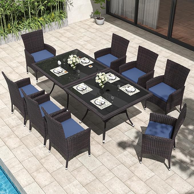 ALAULM 10 Piece Patio Dining Set All-Weather Wicker Outdoor Dining Table and Chairs w/Tempered Glass Tabletop, Removable Cushions and Umbrella Hole for Patio, Backyard, Garden, Poolside -DarkBu
