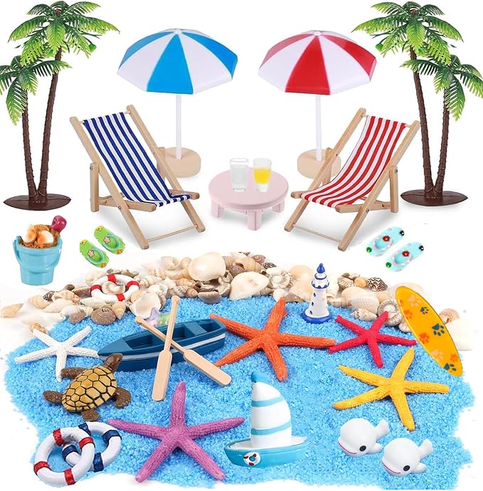 31 Pcs Beach Miniature Dollhouse Decoration, Umbrella Palm Chair Miniature Toys Garden Dollhouse Outdoor Accessories Beach Decorations Mini Beach Chair for DIY Garden Plant Pool