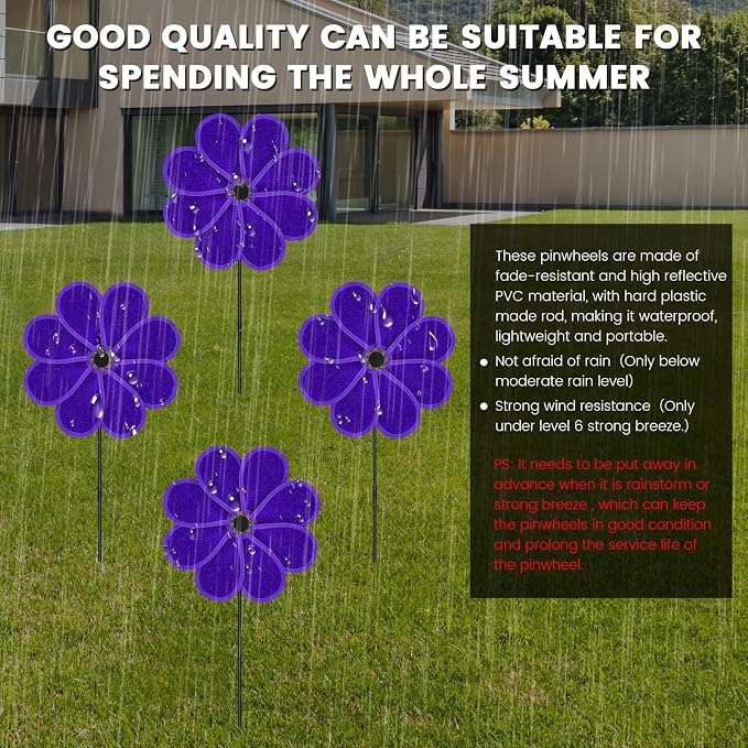 4PCS 11.4" W x 28" H Reflective Pinwheels Sparkly Lawn Wind Spinners Colorful Rainbow Windmill for Garden Decoration Bird Devices Deterrent to Scare Birds Away（Purple）