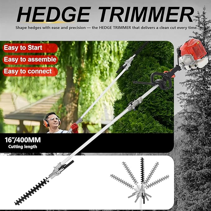 Weed Eater Gas Powered 52cc - 2 Cycle, 5 in 1 Grass Trimmer, Gas Hedge Trimmer, String Trimmer, Brush Cutter, Chainsaw with Extension Pole, Multi Functional Tools for Easy Lawn, Yard & Garden