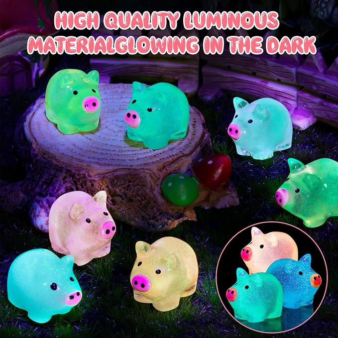 56PCS Luminous Mini Resin Pigs Figures Cute Tiny Pig for Garden Landscape | Mini Pigs Figures Glow in The Dark, Tiny Pig Miniature Charms Ornament for Garden Landscape, Dollhouses Birthday Decor