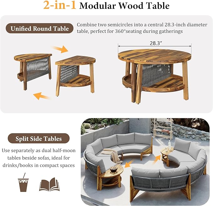 3-Piece Outdoor Patio Furniture Sectional Sofa Set, 2 Semi-Circle Sofas with Coffee Table, All-Weather Acacia Wood Conversation Set with Cushions for Garden Backyard Balcony, Freely Combined