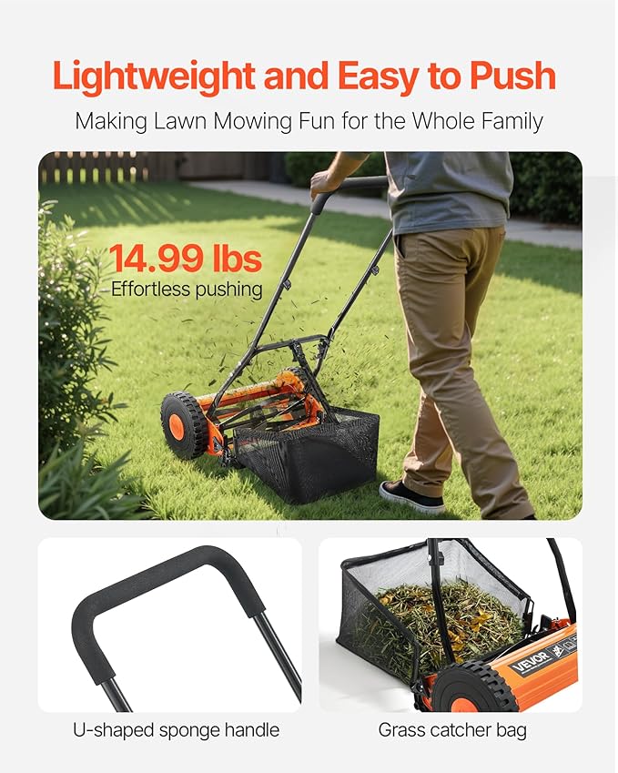 VEVOR Push Reel Lawn Mower 16 inch, 5 Blades Manual Push Mower No Motor, 0.6-1.75 in Adjustable Cutting Height, Walk-Behind Lawn Mowers with Grass Catcher Bag for Green Lawns, Driveways, Courtyards