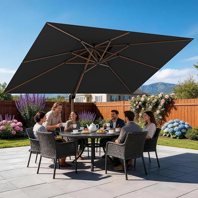GENTEACO 10x13FT Rectangle Cantilever Patio Umbrella w/Base Included, Deluxe Wood Pattern Pole & 7 Angle Tilts, 360° Rotation, Offset Hanging Market Umbrellas for Garden Pool Patio, Black