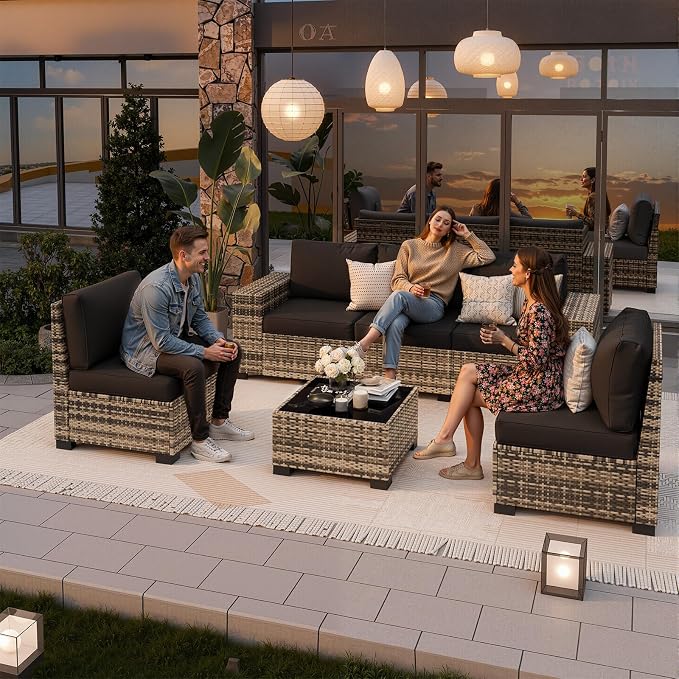 Patio Furniture Set, Wide Armrest Outdoor Furniture Set with Thick Cushions, 6 Piece Wicker Rattan Patio Sectional Sofa for Backyard, Poolside, Garden