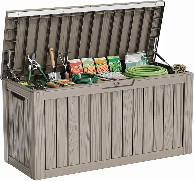 86 Gallon Deck Box, Lockable Waterproof Outdoor Storage Boxes For Garden Tools,Indoor Cushions,Accessories Outside Storage Resin Weatherproof Container(Grey)