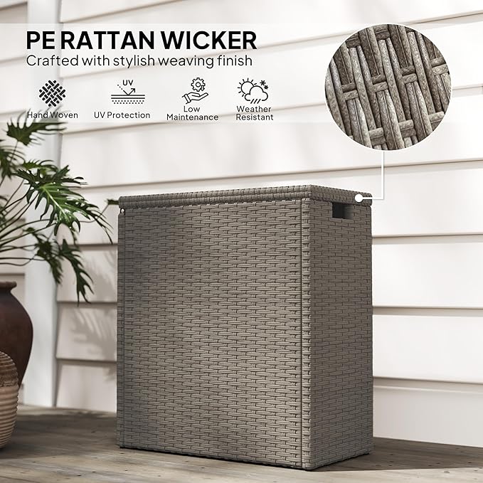 Deck Storage Box, Teak 17-Gallon Wicker Outdoor Storage Bin with Acacia Wood Top, Patio Storage Chest for Cushions Garden Tools Backyard Porch Deck