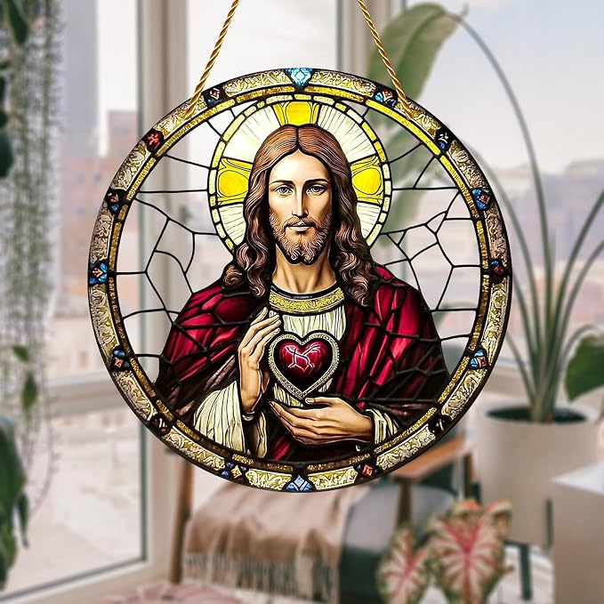 8x8 inch Charming Jesus Christ Acrylic Stained Glass Window Hanging Sun Catcher Decor Stained Panel Hangings Wall Art Decor, for Friends and Family (Jesus Christ)