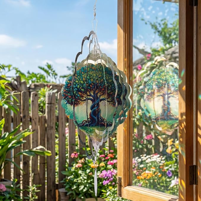 Tree of Life Wind Spinners Outdoor, 12 Inch Laser Cut Stainless Steel Wind Spinner, 3D Kinetic Metal Hanging Sculpture, Yard Art, Garden Decoration, Tree of Life Gifts for Women, Men, Holidays
