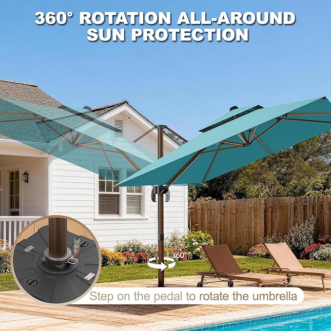 10x13FT Cantilever Outdoor Patio Umbrellas, Double Top Wood Pattern Rectangle Umbrella, Heavy Duty 360°Rotation Offset Umbrella for Garden Deck Pool Patio, Turquoise