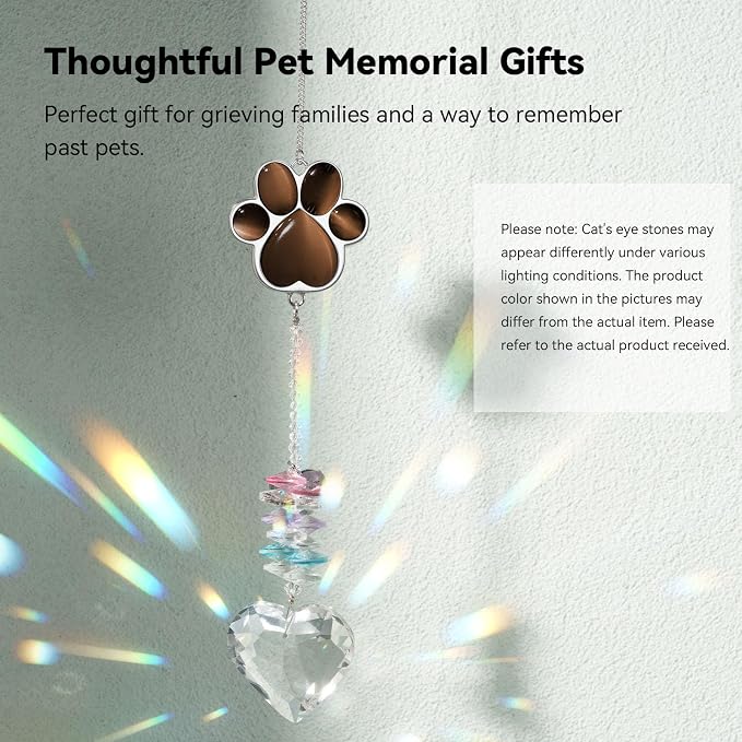 Dog Memorial Gifts, Pet Memorial Suncatcher, Loss of Dog Sympathy Gift | Thoughtful Dogs and Cats Bereavement Remembrance Gifts, Natural Cat's Eye Stone Paw Crystal Suncatcher