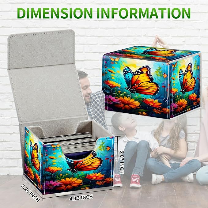 Card Deck Box for MTG, Cards Storage Box Fits 120+ Sleeved, Leather Small Size Strong Magnetic Closing Card Case for Board Games Magic TCG CCG Baseball Collection, Butterfly Blue Sky