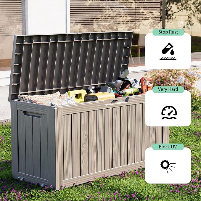 90 Gallon Outdoor Waterproof Storage Deck Box Lockable Outside Resin Bench UV Resistant Bin Patio Porch Pool Float Garden Furniture Cushion Tool Grey
