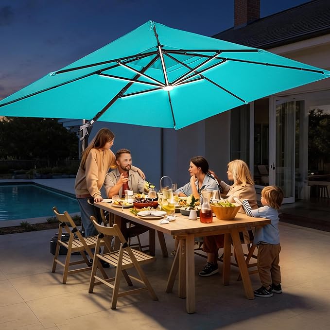 JZAC & QZYD 10X13 FT Outdoor Cantilever Patio Umbrella with Base Included and LED Lights, Large Heavy Duty 2-Tier Aluminum Offset Umbrellas with 360-Degree Rotation for Pool Deck, Turquoise