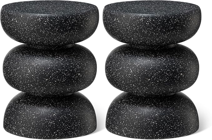 Glitzhome Outdoor Side Table, Round Small End Table with Black Geometric Terrazzo Finish MGO Hourglass Garden Stool, Set of 2 Decorative Accent Table for Living Room Planter Stand Backyard Patio Porch