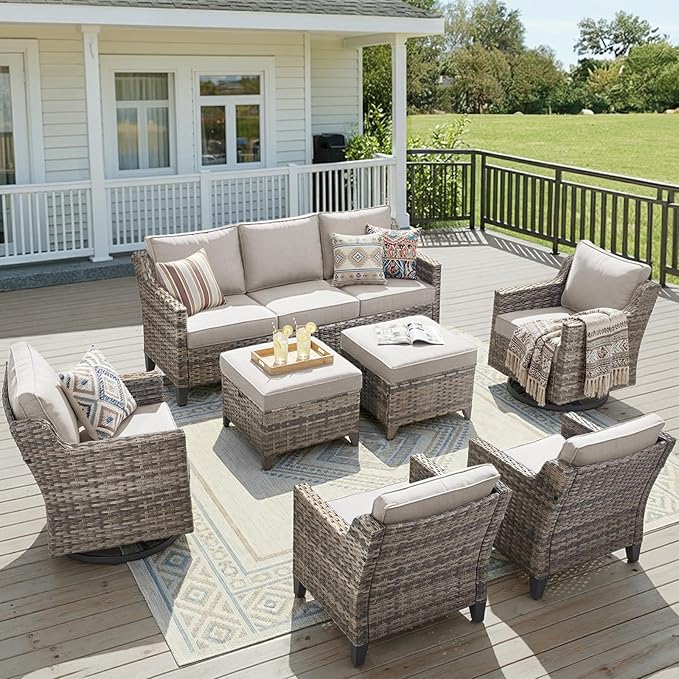 Wicker Patio Furniture Set-7 PieceAll Weather Outdoor Conversation Sets Sectional Sofa with Wicker Swivel Rocker Patio Chairs, Thick Cushions Ottomans for Porch Balcony Patio Deck Grey/Beige